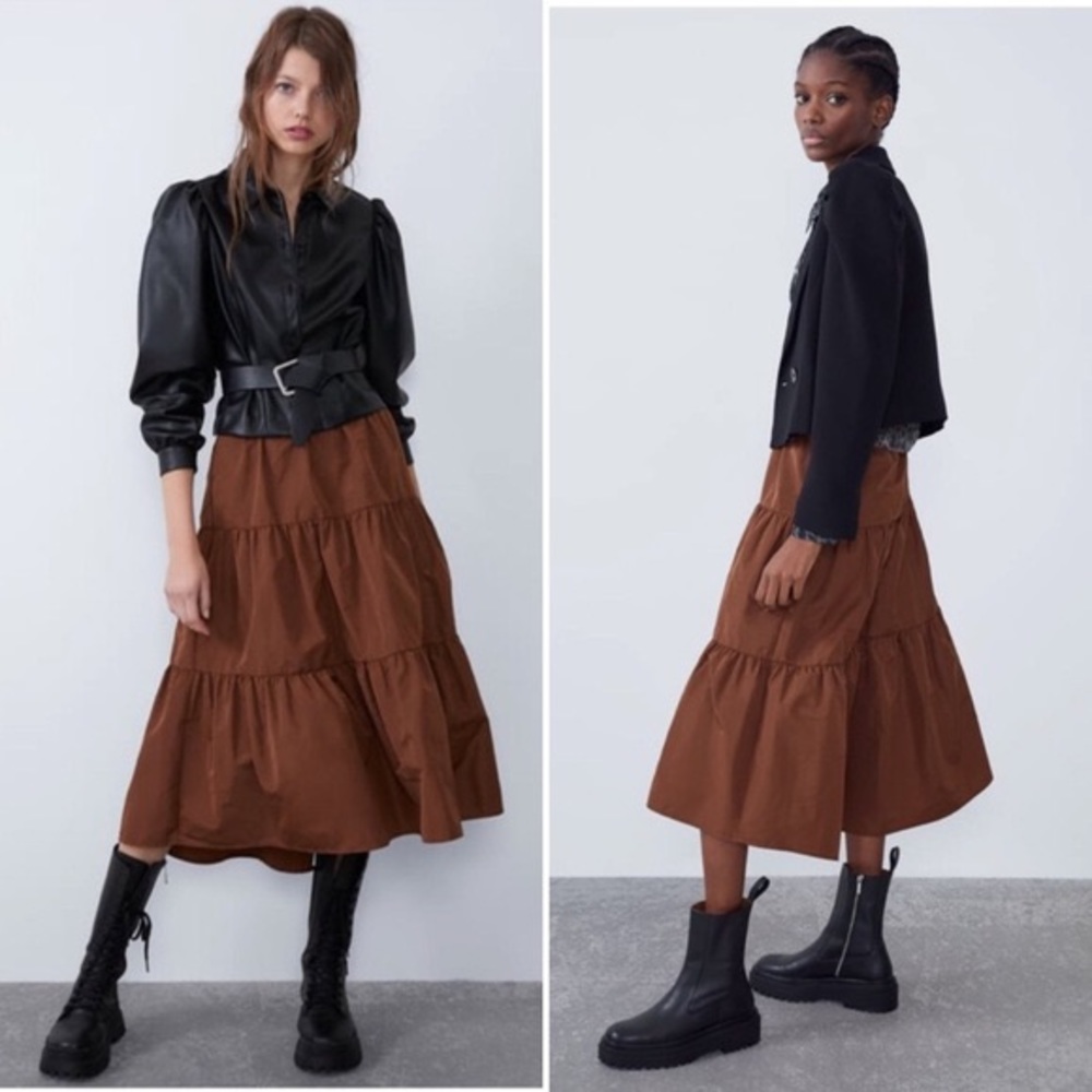 Zara Tiered Cinnamon Brown Voluminous MIDI Polyester Taffeta Skirt. Size Small